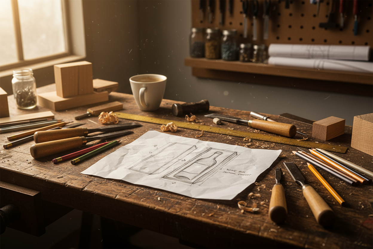 Makers workbench with assorted small wood and art tools. theres a piece of paper with a rough pencil sketch of someones rough idea for a wine bottle box
